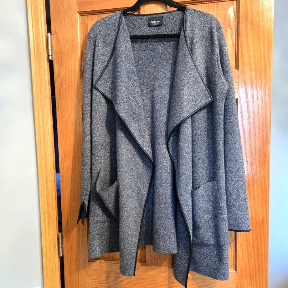 Zara Knit Knit Open Front Drape Cardigan Coatigan with Faux Leather Trim Medium